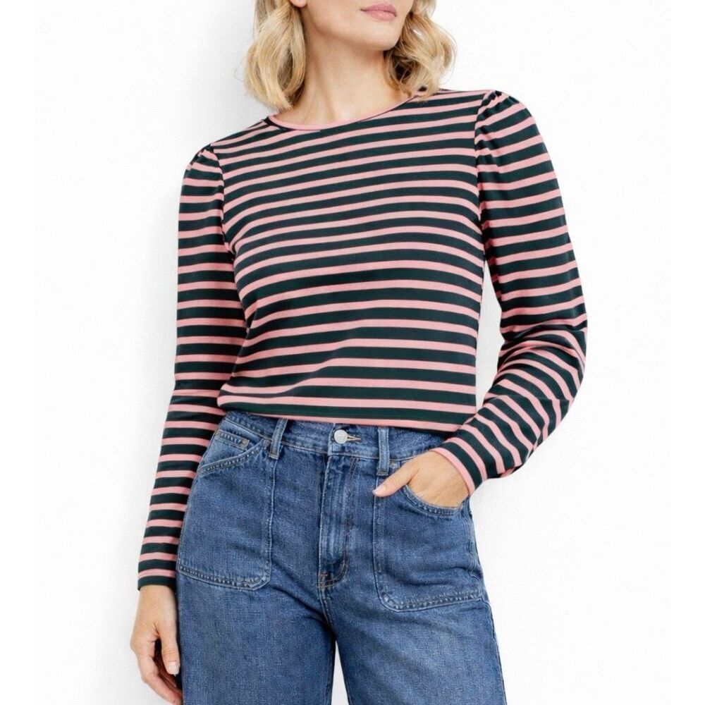 J.Crew green and pink puff sleeve striped cotton long sleeve top M